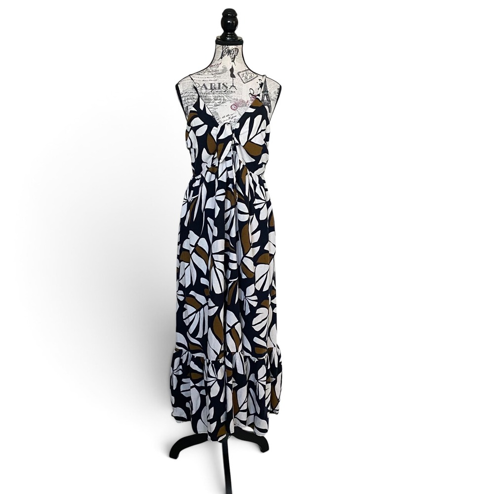 Tabitha Brown Maxi Dress Women 1X Navy White Leaf Print Tie Front Linen Blend